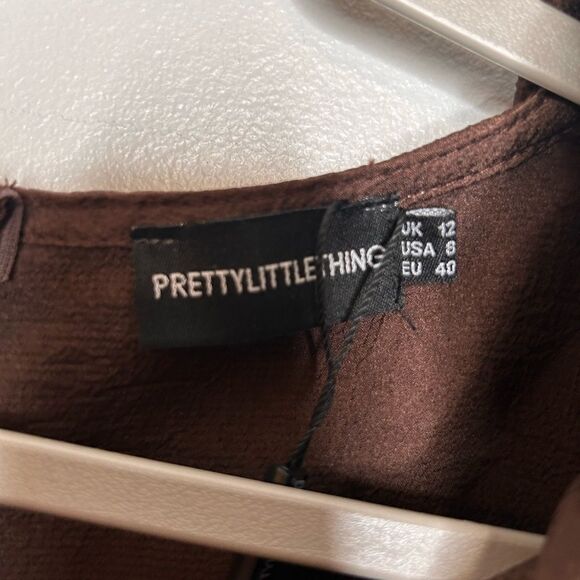 Prettylittlething chocolate frill shoulder twist bust ruched bodycon dress NWT - Picture 6 of 7